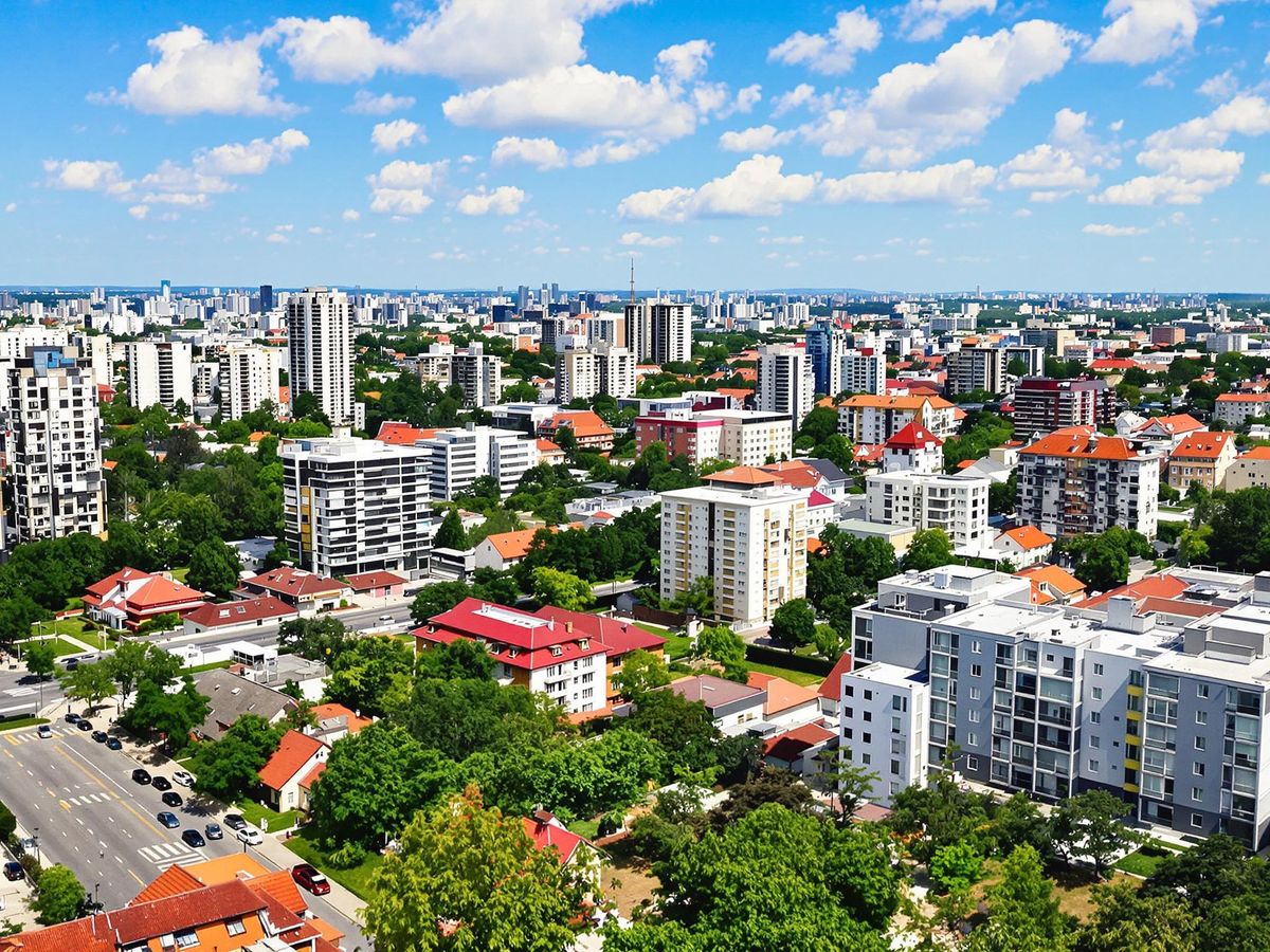 Peisaj urban al României cu apartamente moderne.