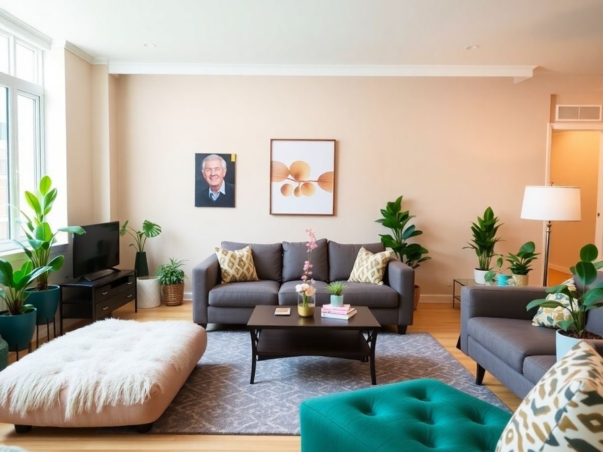 Apartament confortabil cu mobilier modern și plante de interior.