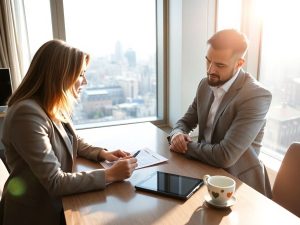 Oameni negociind prețul unui apartament, cu zâmbete.