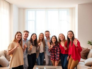 Tineri fericiți în locuințe moderne, cu chei în mână.