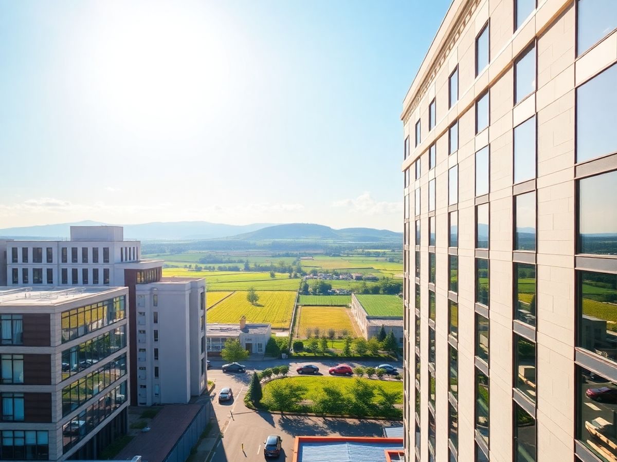Clădiri moderne și peisaje rurale românești.