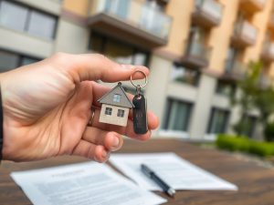 Piață imobiliară, chei, acte, bloc de apartamente