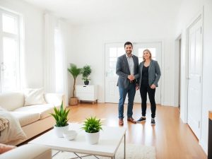 Interior de apartament luminos cu cuplu zâmbind și agent imobiliar