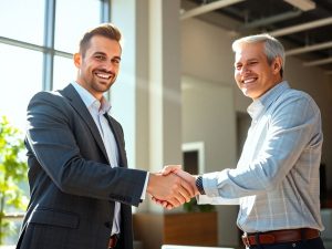 Oameni strâng mâinile într-un birou.