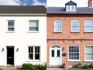 Casa nouă versus casă veche, juxtapuse.