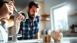 Mâini cu o cheie lângă robinetul care picură.