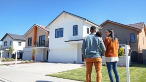 Cuplu analizând case moderne de vânzare într-un cartier urban