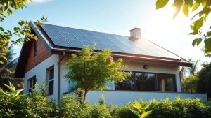 Casă modernă ecologică cu panouri solare și plante verzi.