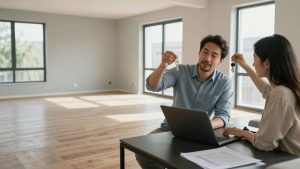 Cuplu examinează un apartament nou cu chei în mână.